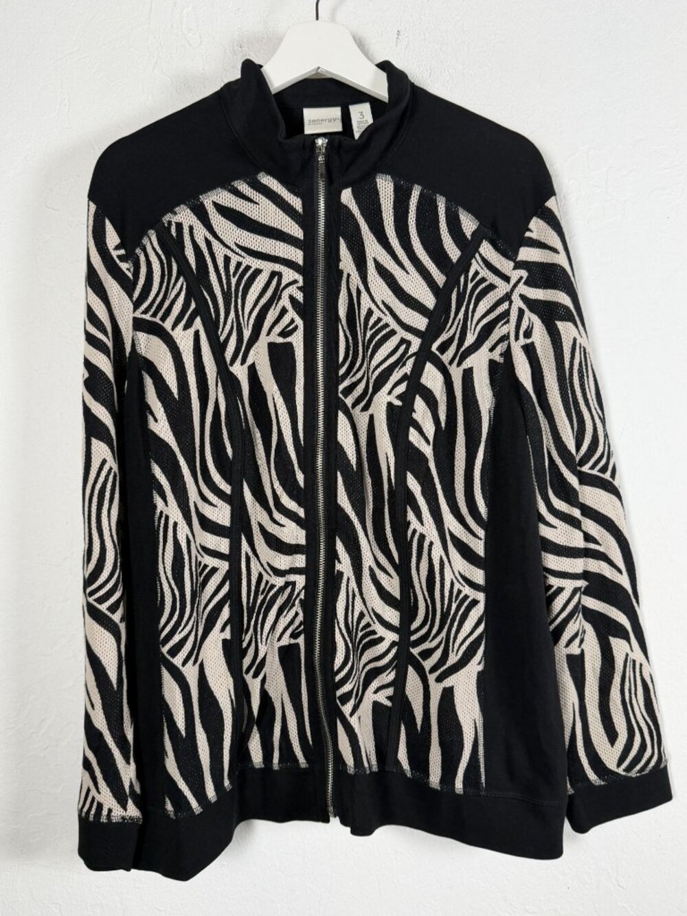 Zenergy by Chico's Womens Black Zebra Print Mesh Zip Front Jacket Size 3 Outdoor